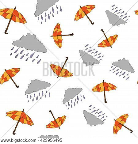 Vector Seamless Pattern Rainy Cloud With Umbrella