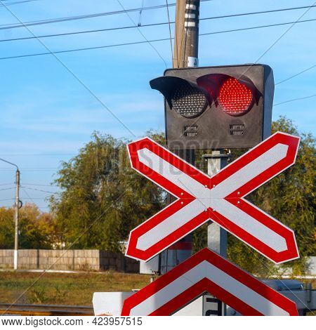 Traffic Light Or Semaphore Flashing Red At A Railway Crossing