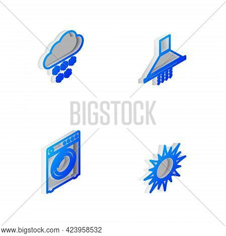Set Isometric Line Kitchen Extractor Fan, Cloud With Snow, Washer And Sun Icon. Vector