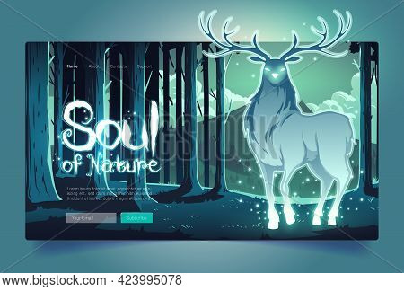 Nature Soul Banner With Mystical Glowing Deer Silhouette In Dark Forest At Night. Vector Landing Pag