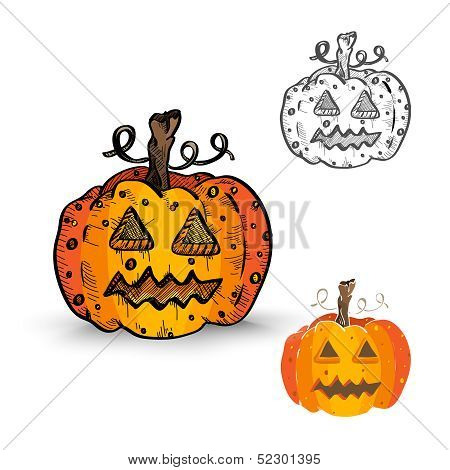 Halloween Monsters Isolated Spooky Pumpkin Lanterns Set.
