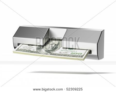 cash machine and stack of dollars