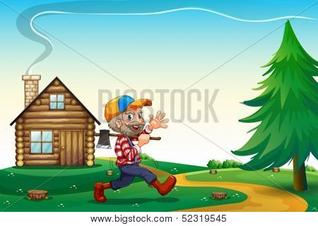 Illustration of a happy lumberjack carrying an axe while walking near the wooden house