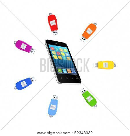 Colorful flashdrives around mobile phone.