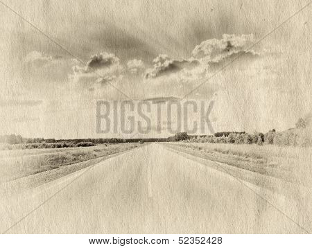 road in a fields at sunet, retro illustration