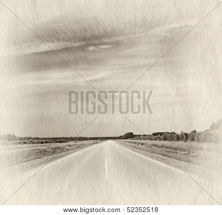 road in a fields at sunet, retro illustration