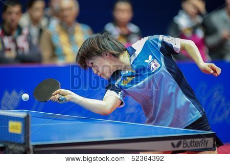 SCHWECHAT, AUSTRIA - FEBRUARY 8 Yuki Nonaka (SVS Stroeck) wins the first game against in the ETTU semifinals on February 8, 2013 in Schwechat, Austria.