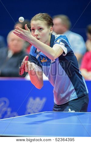 SCHWECHAT, AUSTRIA - FEBRUARY 8 Nikole Galitschitsch (SVS Stroeck), loses the fifth game in the ETTU semifinals on February 8, 2013 in Schwechat, Austria.