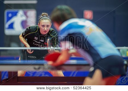 SCHWECHAT, AUSTRIA - FEBRUARY 8 Sofia Polcanova (Linz AG Froschberg) loses the first game in the ETTU semifinals on February 8, 2013 in Schwechat, Austria.