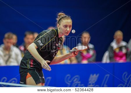 SCHWECHAT, AUSTRIA - FEBRUARY 8 Sofia Polcanova (Linz AG Froschberg) loses the first game in the ETTU semifinals on February 8, 2013 in Schwechat, Austria.