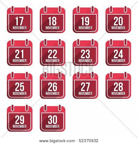 November vector flat calendar icons with long shadow. Calendar Days Of Year