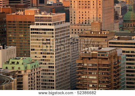 Close up of buildings in downtown Montreal city in Canada