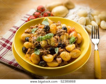 homemade gnocchi with ragout sauce, selective focus