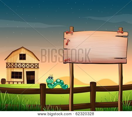 Illustration of an empty wooden board across the barnhouse at the hilltop