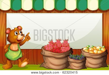 Illustration of a bear at the market with an empty template at the back