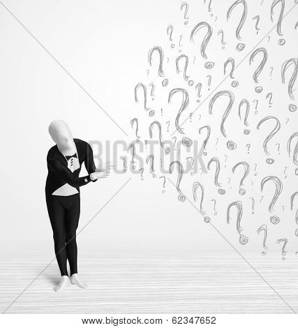 3d human character is body suit morphsuit looking at hand drawn question marks