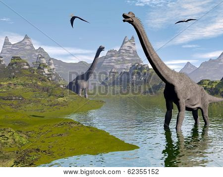 Brachiosaurus dinosaurs in water - 3D render
