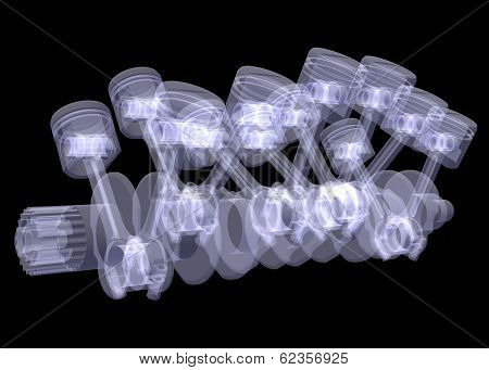 Crankshaft and pistons. X-ray