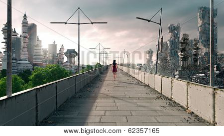 Apocalyptic concept background of futuristic and destroyed city