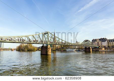 People At Bridge Eiserner Steg In Frankfurt With River Main