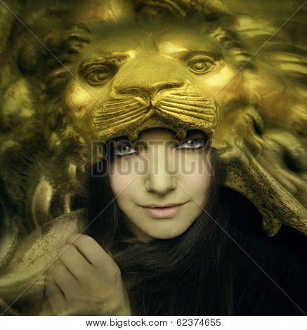 Beautiful Young Woman With Lion Mask