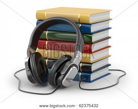 Audiobook concept. Headphones and books on white isolated background.