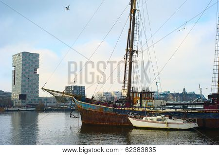 Rusty Ship In Amsterdam Harbor