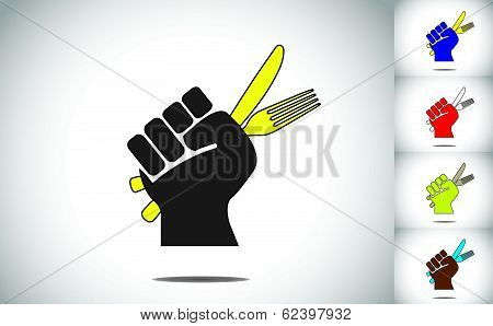 a ready hand holding fork and knife for eating food concept illustration colorful collection set