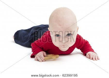 Toddler With Toy And Red Shirt Crawling