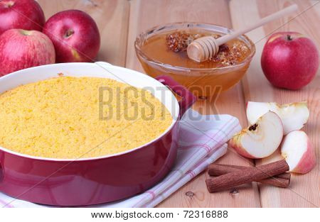 couscous casserole with apples, honey and cinnamon