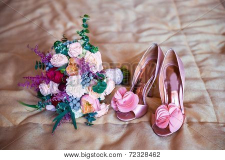 Wedding Accessories For The Morning Of The Bride In Pink . Wedding Bouquet And Shoes Of The Bride.