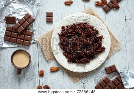 Chocolate Pasta On A White Plate