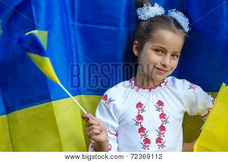 In National Costume Against Of Ukrainian Flag