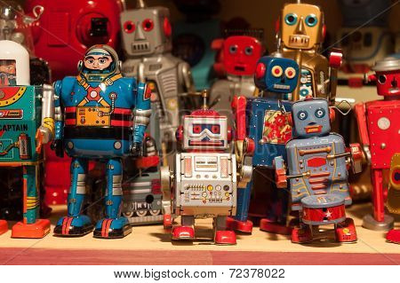 Vintage Tinplate Robots On Display At Homi, Home International Show In Milan, Italy