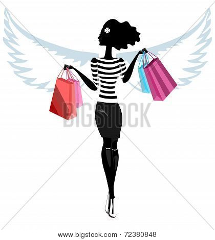 Silhouette of a pretty young woman angel with the purchase. Vector. Illustration
