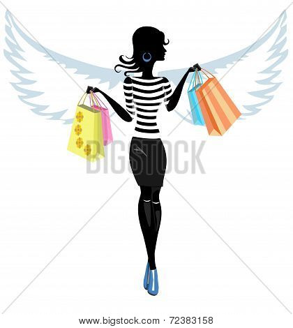 Silhouette of a Pretty Young Woman Angel with the Purchase. Vector. Illustration