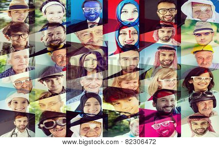 Collage of many different happy human faces of people
