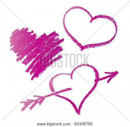 Pencil scribble of various heart shapes and arrow.