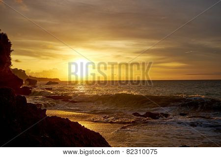 Amazing  beach destination sunrise or sunset with beautiful breaking waves 