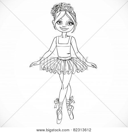 Pretty Ballerina Girl Dancing In Ballet Tutu Outlined Isolated On A White Background