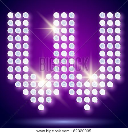 Vintage bulb lamp realistic font of 80s disco with stars. Letter W