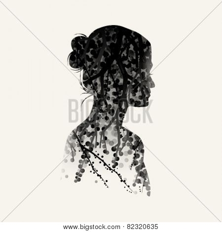 Vector double exposure illustration. Woman silhouette plus abstract nature background