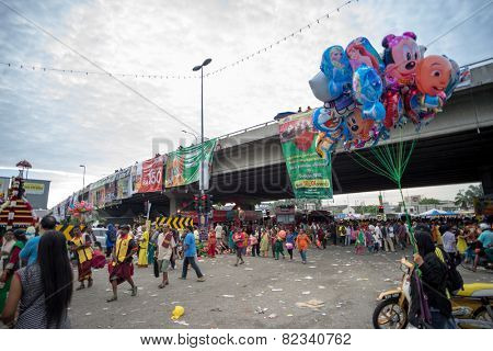 KUALA LUMPUR, MALAYSIA - FEBRUARY 3, 2015: Hundreds of thousands of Hindu devotees come to Batu Caves temple for the Thaipusam prayers, a day of thanks giving and devotion to Lord Muruga.