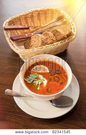 Traditional russian soljanka or saltwort soup