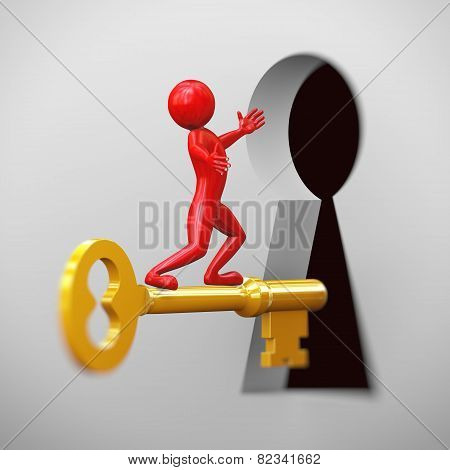 3D Red Man Riding On Golden Key