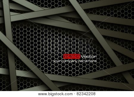 Black bars over dark honeycomb structure. Abstract technology background. Vector illustration