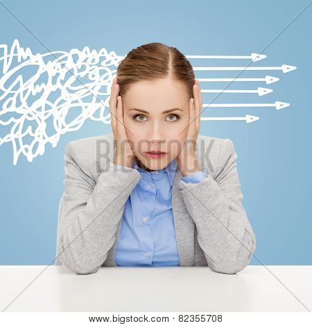 business, education, emotional pressure and people concept - stressed businesswoman or student covering her ears with hands over blue background with messy and straight arrows