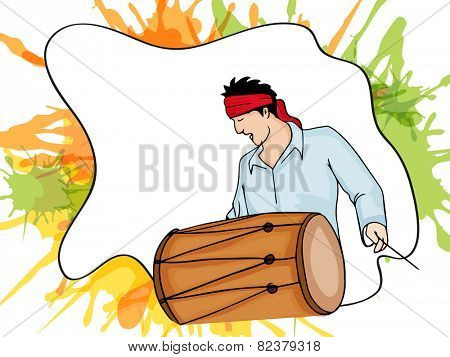Young man playing drum on splash background for Indian festival of colors, Holi and Dolyatra celebration.
