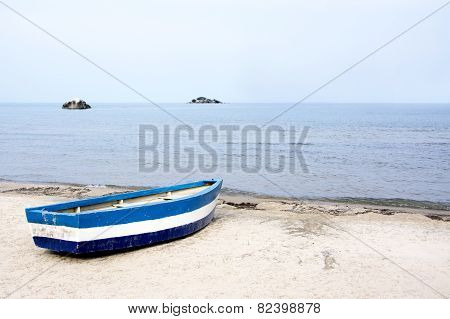 Blue Rowing Boat on the Beach of Lake Malawi, Malawi, Africa