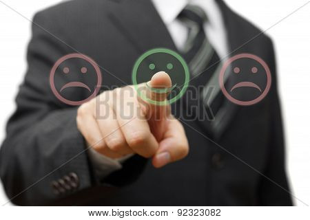 Business Man Choose  Smile Icon  And Not The Sad One